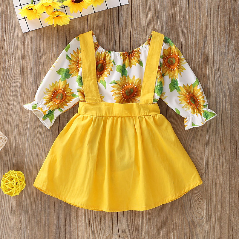 Baby Girls Sunflower Flared Sleeve Top & Suspender Skirt - PrettyKid