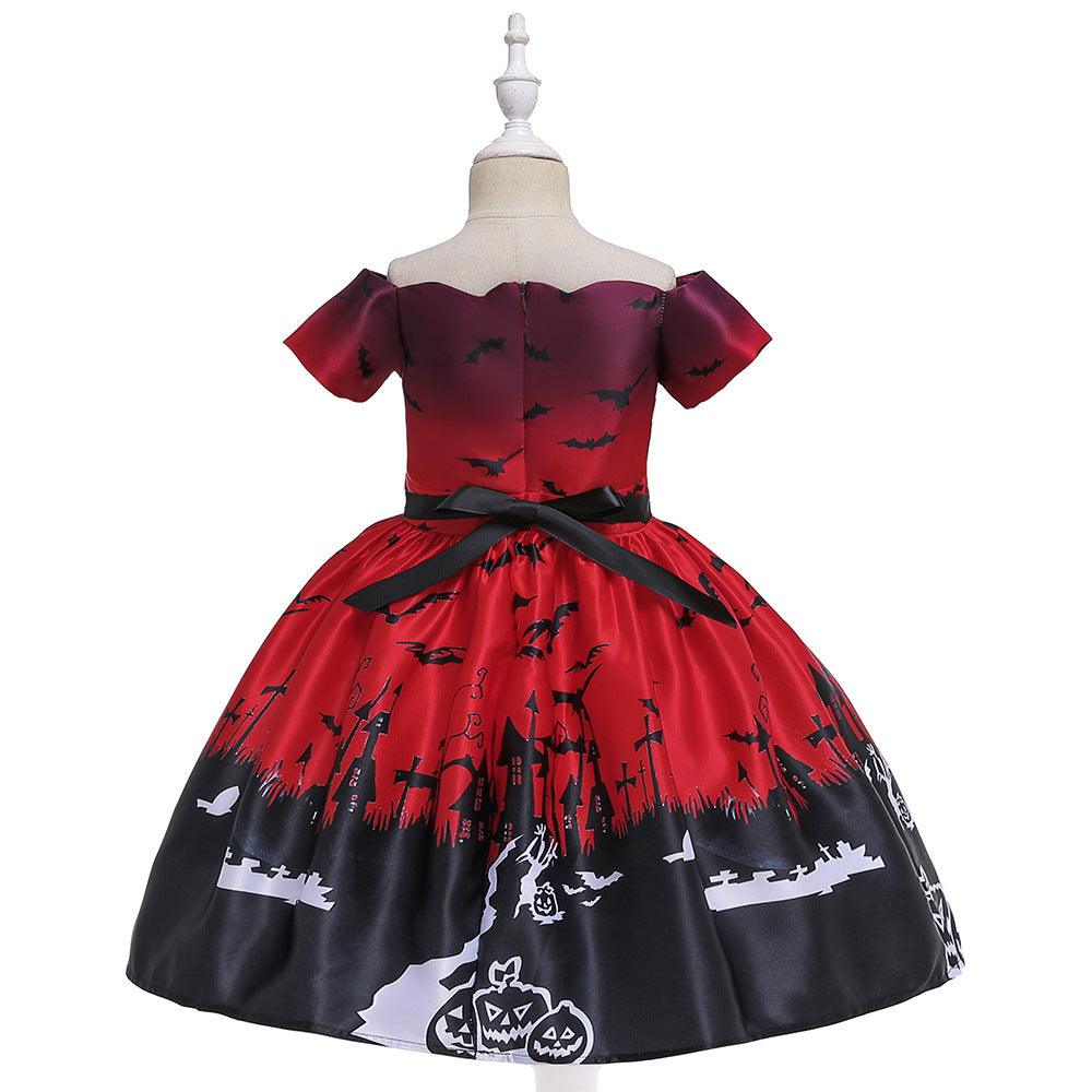 Toddler Children Halloween Pumpkin Bat Printed Princess Dress - PrettyKid