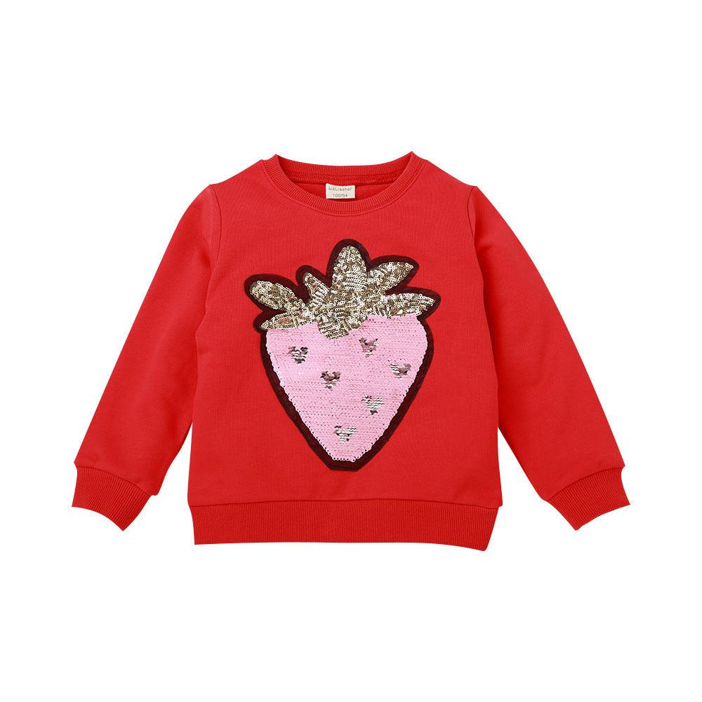 Toddler Kids Girl Solid Cartoon Strawberry Bead Round Neck Long Sleeve Sweater Top - PrettyKid