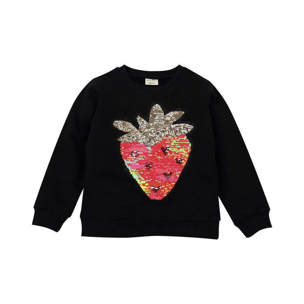 Toddler Kids Girl Solid Cartoon Strawberry Bead Round Neck Long Sleeve Sweater Top - PrettyKid