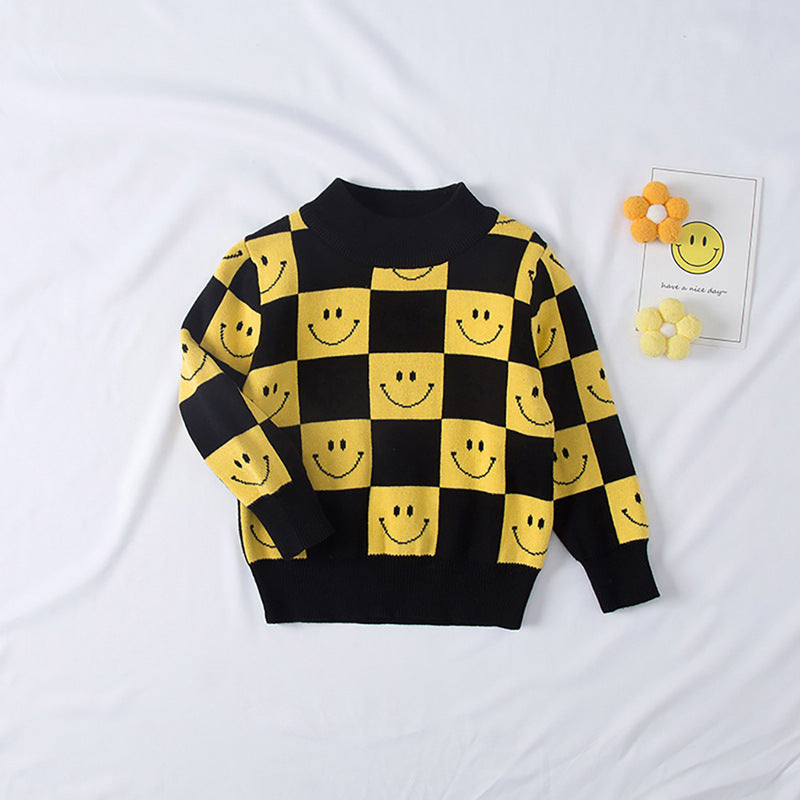 Checkerboard Smiley Print Toddler Boy Sweaters - PrettyKid