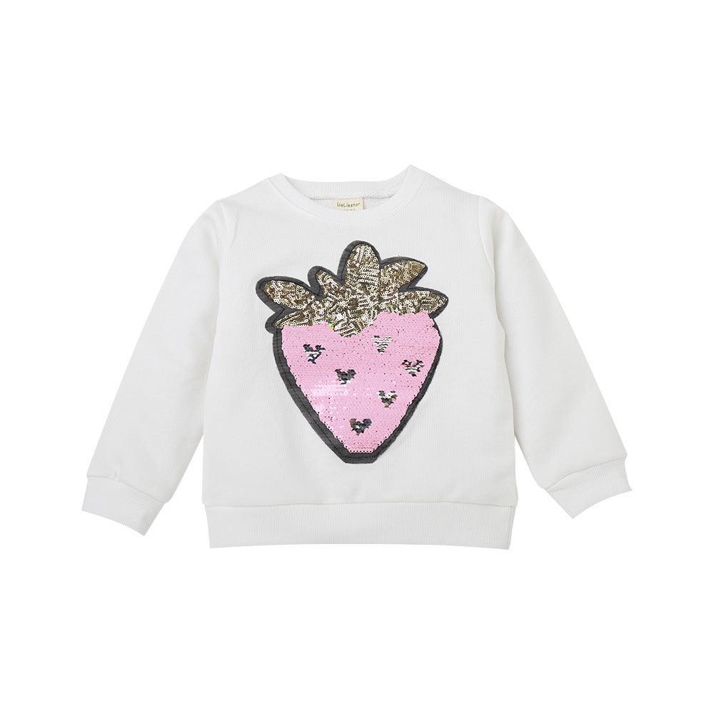 Toddler Kids Girl Solid Cartoon Strawberry Bead Round Neck Long Sleeve Sweater Top - PrettyKid