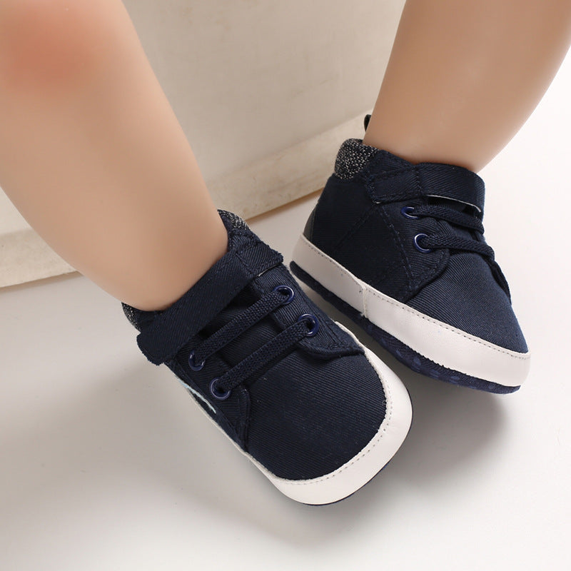 0-12M Baby Boys Patch Solid Color Mid-top Soft-soled Toddler Shoes - PrettyKid