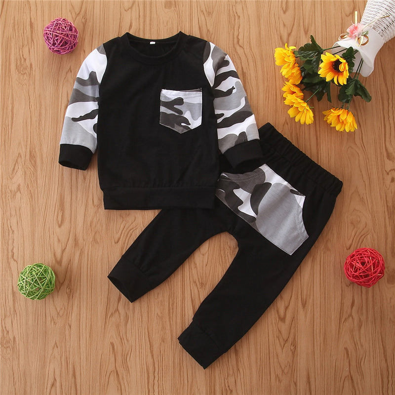 Toddler Kids Boys' Camouflage Stitched Long Sleeve Sweater Casual 2pcs Set - PrettyKid