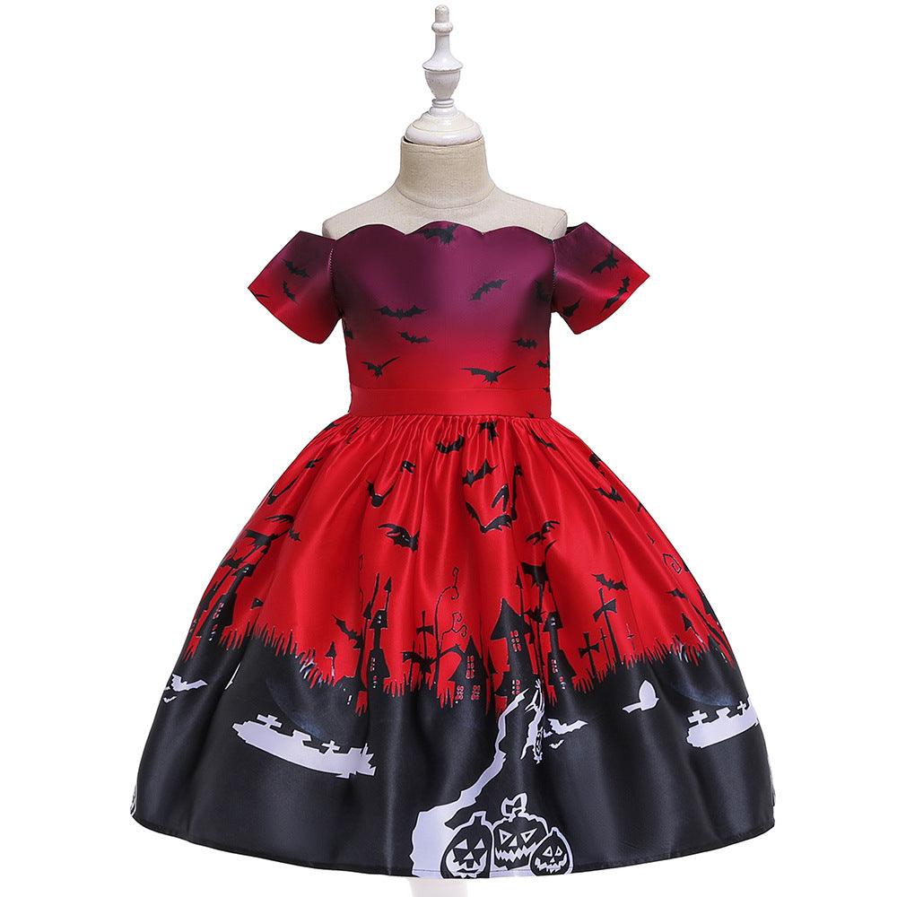 Toddler Children Halloween Pumpkin Bat Printed Princess Dress - PrettyKid