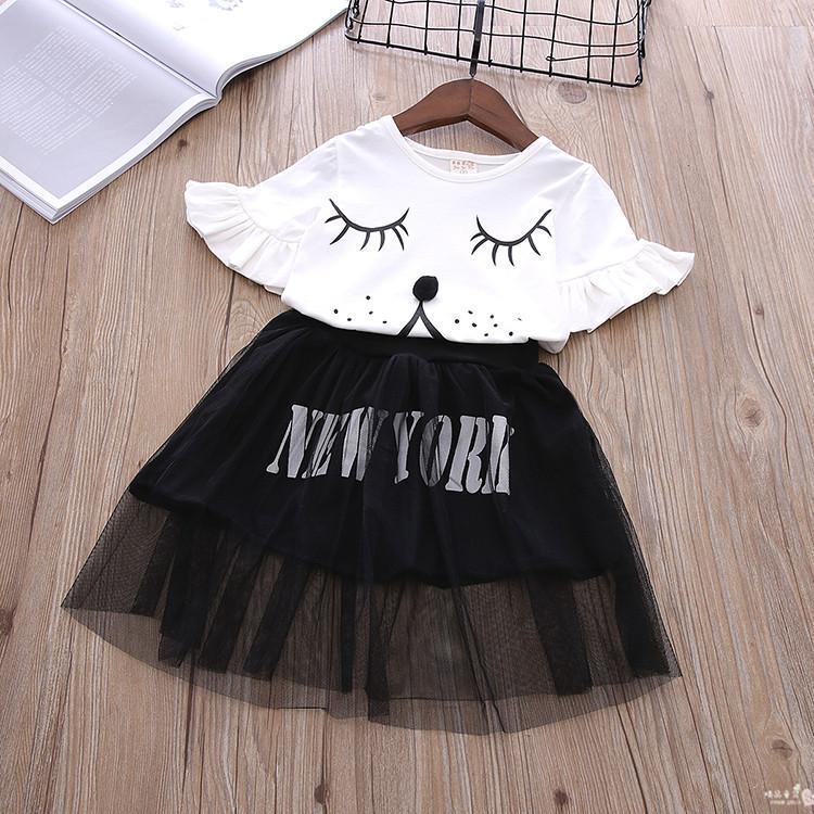 Girls Fashion Cartoon Trumpet Sleeve Top And Letter Printed Mesh Skirt - PrettyKid