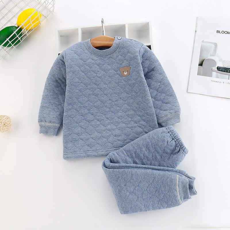 Children Boys Girls Solid Color Ringer Bear Embroidery Thickened Cotton Long Sleeved Suit - PrettyKid