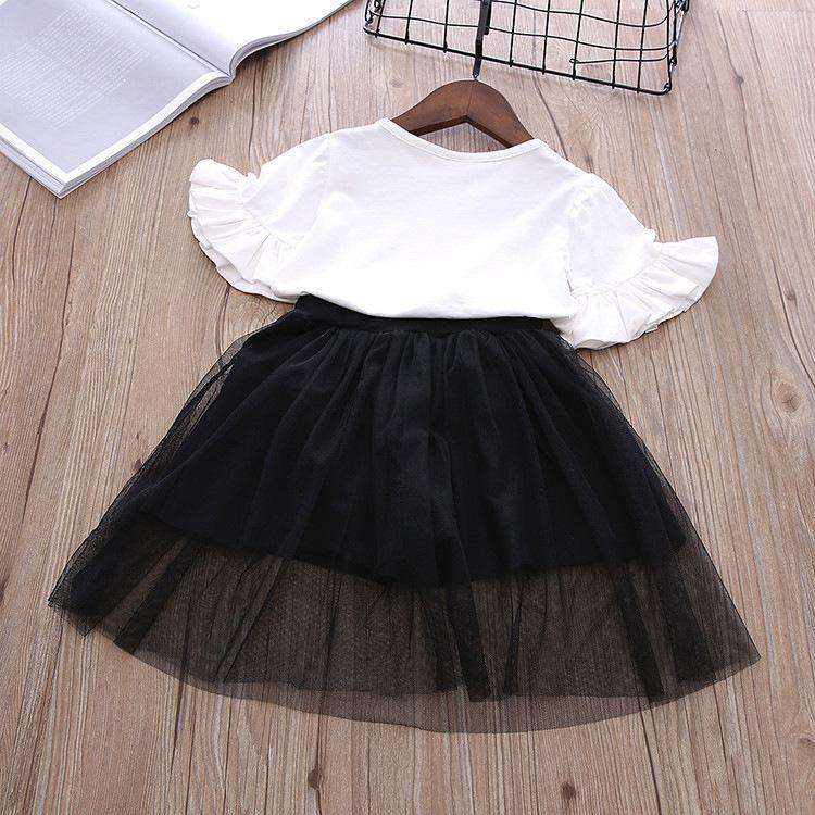 Girls Fashion Cartoon Trumpet Sleeve Top And Letter Printed Mesh Skirt - PrettyKid