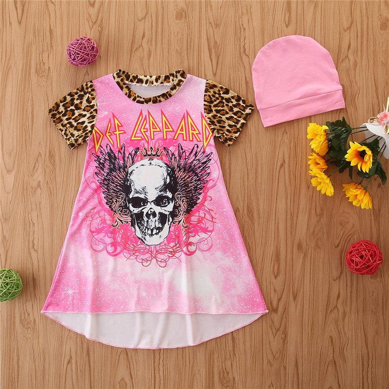 Halloween Toddler Children's Short Sleeve Leopard Letter Skull Dress Hat Two Piece Set - PrettyKid