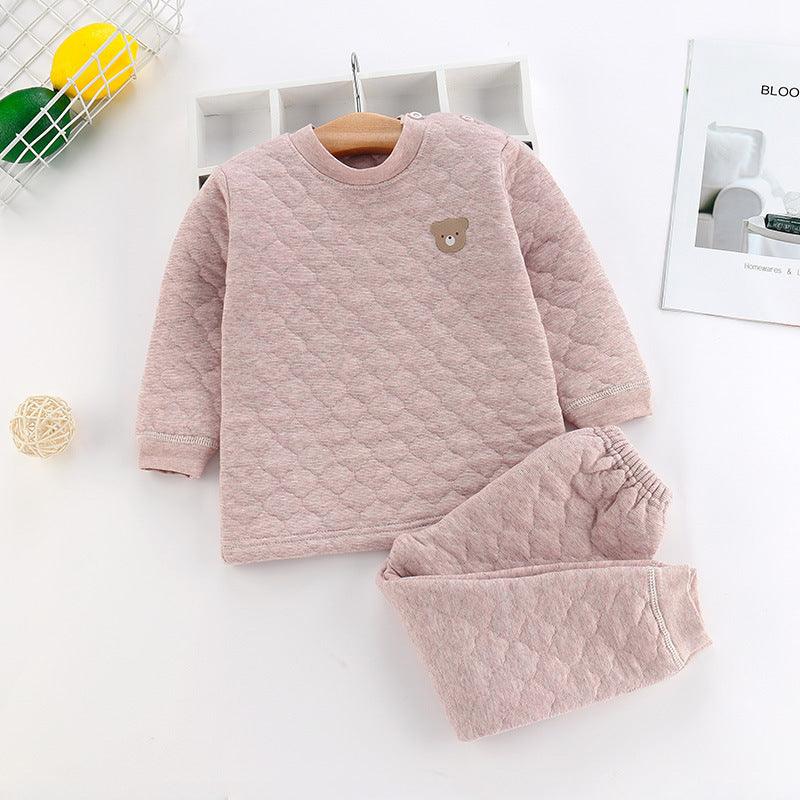 Children Boys Girls Solid Color Ringer Bear Embroidery Thickened Cotton Long Sleeved Suit - PrettyKid