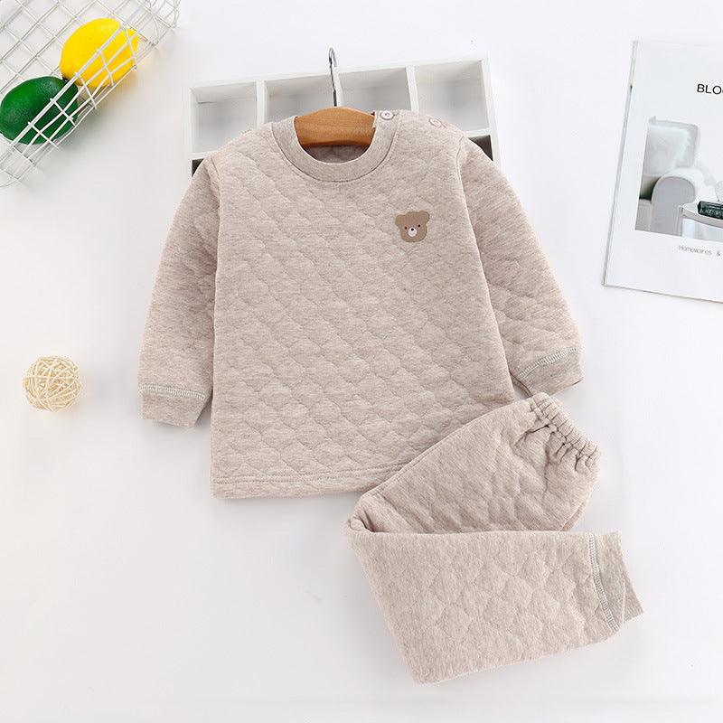 Children Boys Girls Solid Color Ringer Bear Embroidery Thickened Cotton Long Sleeved Suit - PrettyKid