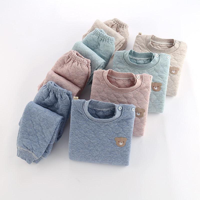 Children Boys Girls Solid Color Ringer Bear Embroidery Thickened Cotton Long Sleeved Suit - PrettyKid