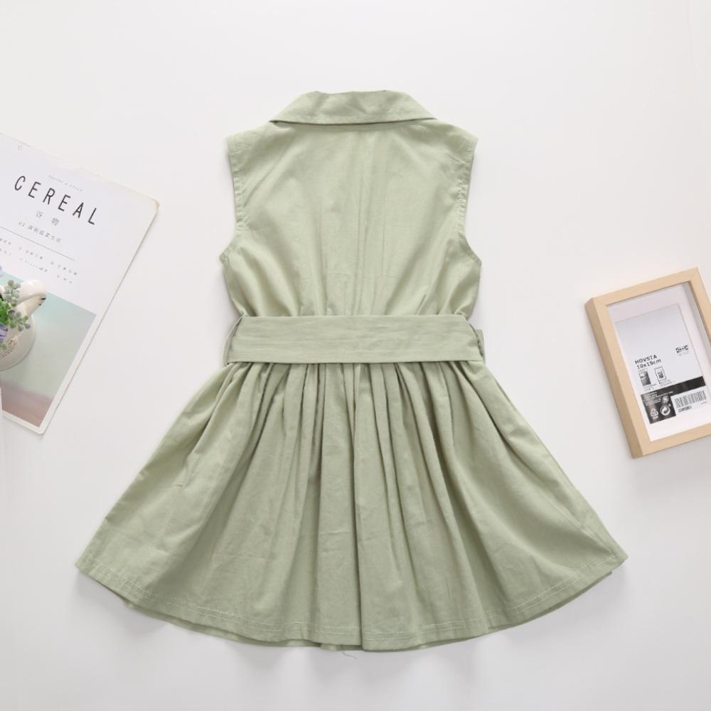 Girls Solid Color Sleeveless V Collar Single Breasted Bow Dress - PrettyKid