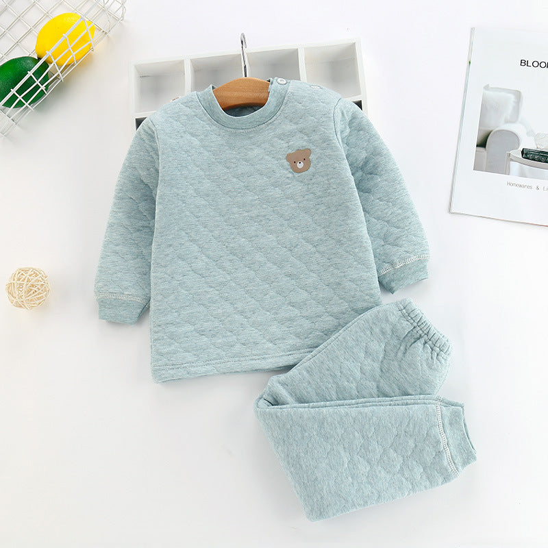 Children Boys Girls Solid Color Ringer Bear Embroidery Thickened Cotton Long Sleeved Suit - PrettyKid