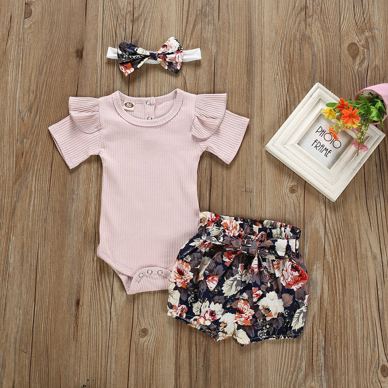 Baby Girl Solid Short Sleeve Jumpsuit with Floral Print Shorts Set - PrettyKid