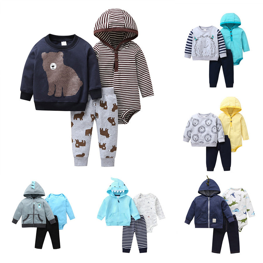 Spring and Autumn Wild Baby Boys and Girls Striped Cartoon Trousers Long Sleeve Hooded Three-piece Pants Set - PrettyKid