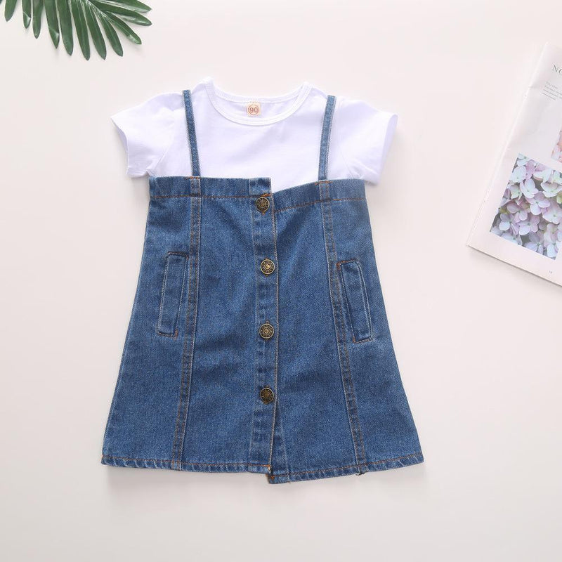 Toddler Girls Short Sleeve T-Shirt Irregular Denim Suspender Skirt - PrettyKid