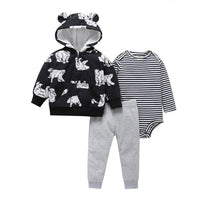 Spring and Autumn Wild Baby Boys and Girls Striped Cartoon Trousers Long Sleeve Hooded Three-piece Pants Set - PrettyKid