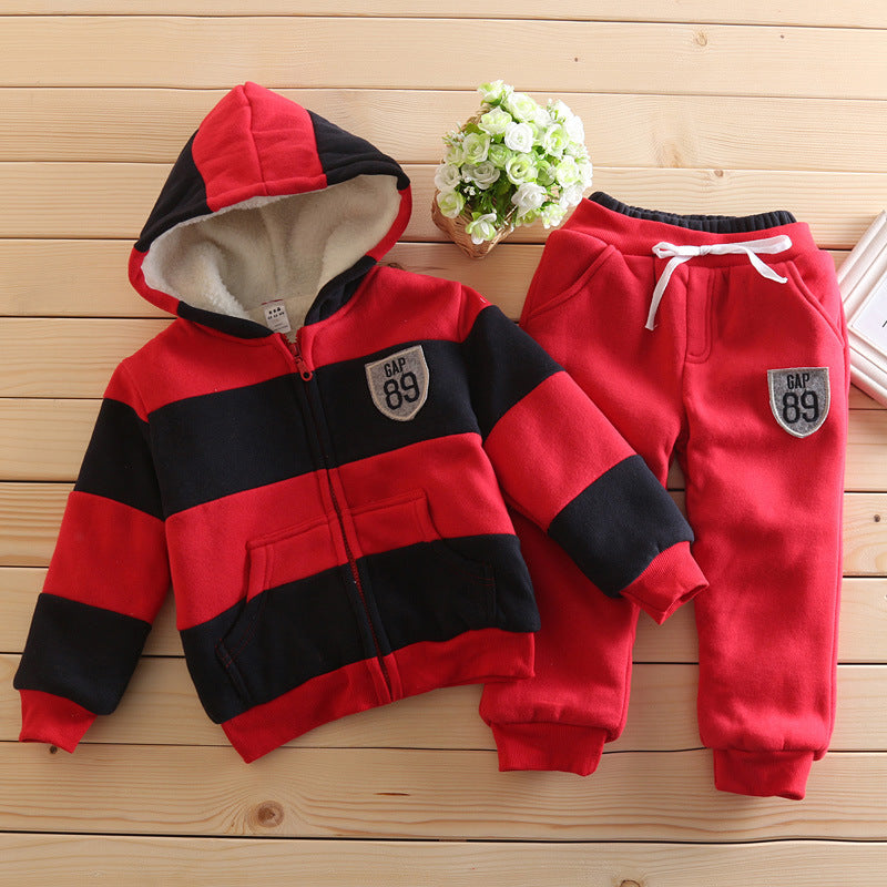 Toddler Kids Striped Plush Hooded Casual Cotton Suit Children's Wholesale Clothing Vendors - PrettyKid