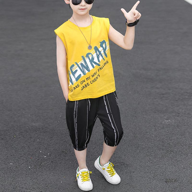 Boy Letter Print Loose Tank & Striped Knee Length Shorts - PrettyKid