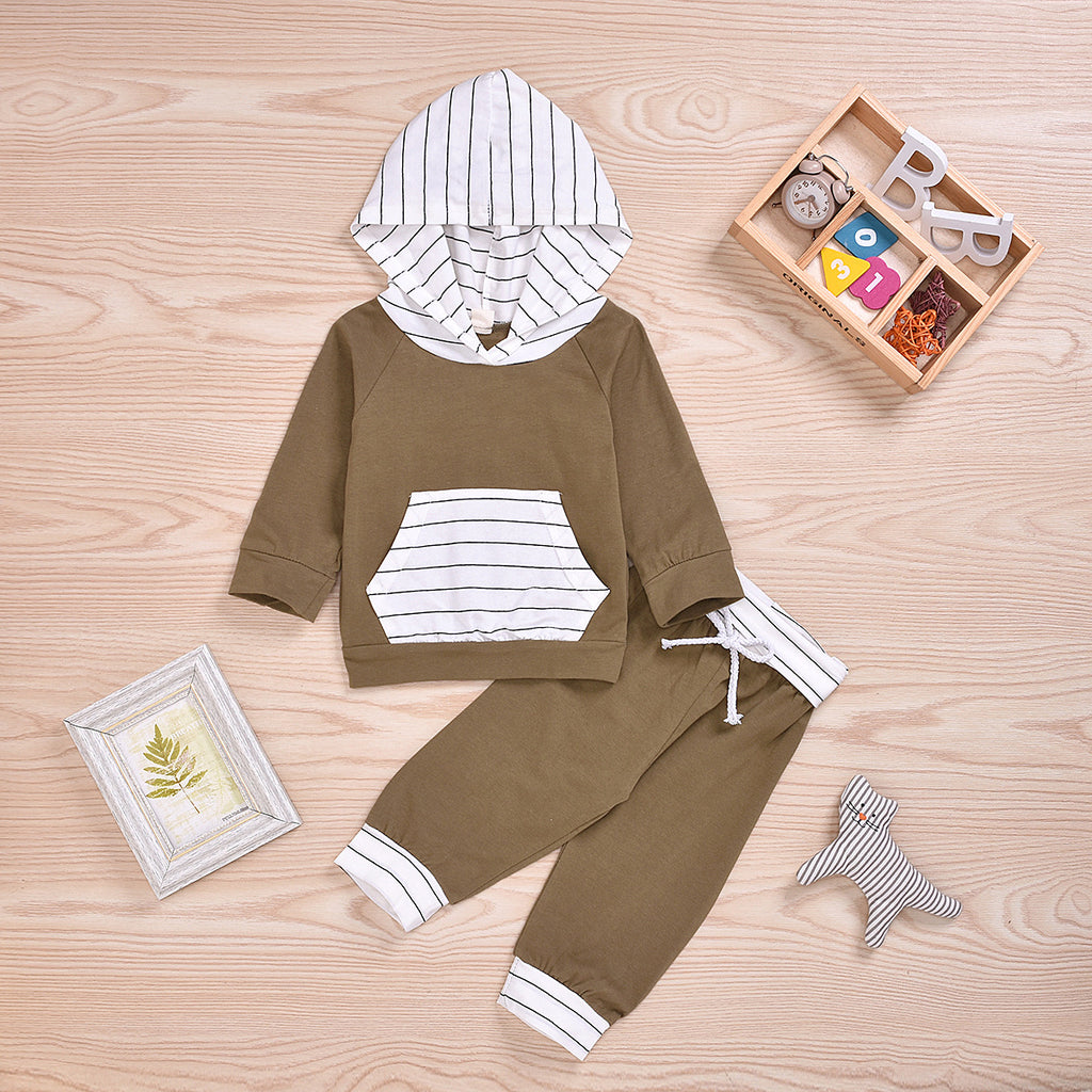 Toddler Boys Solid Stripe Print Pocket Design Long Sleeve Hoodie Lace Up Pant Set - PrettyKid