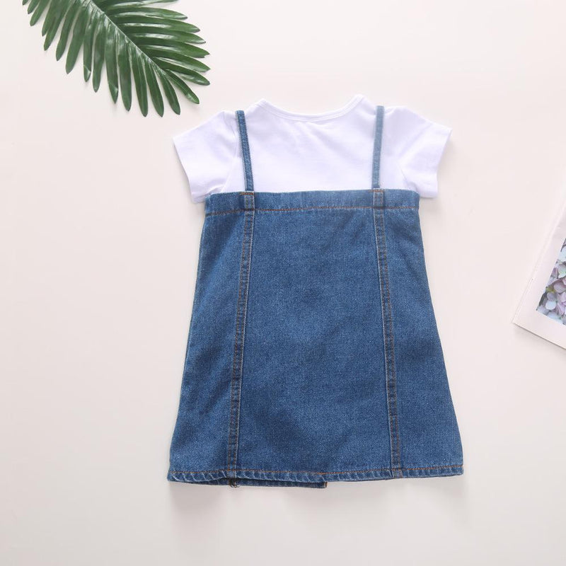 Toddler Girls Short Sleeve T-Shirt Irregular Denim Suspender Skirt - PrettyKid