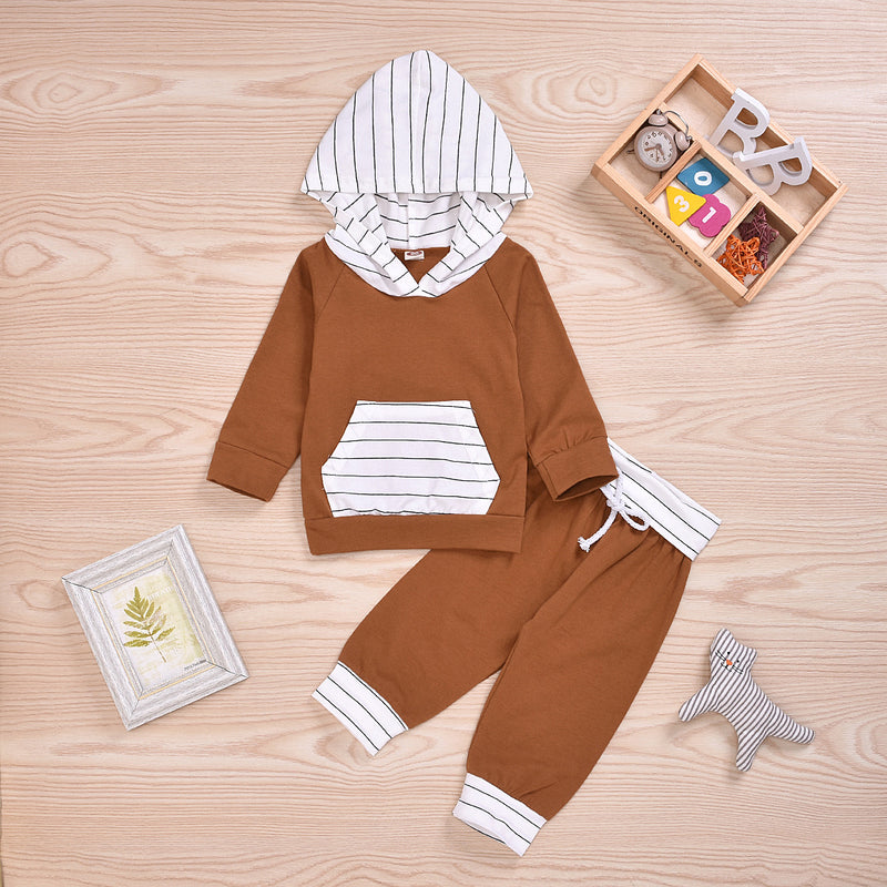 Toddler Boys Solid Stripe Print Pocket Design Long Sleeve Hoodie Lace Up Pant Set - PrettyKid