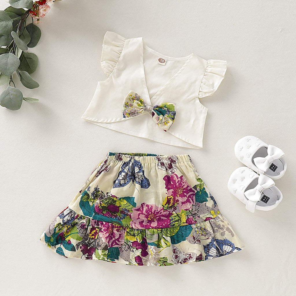 Baby Flying Sleeve V-Neck Bow Top & Flower Allover Skirt - PrettyKid