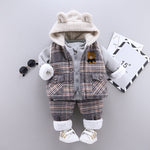 3 Pieces Bear Plaid Sleeveless Hooded Jackets & Pants Sets Fashion Clothes For Boys - PrettyKid