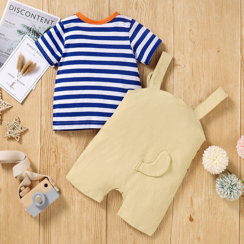 Baby Boy Striped Tee And Cat Overalls Baby Clothes Set - PrettyKid