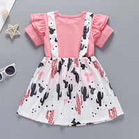 2-Piece Ruffled Top & Cactus Print Suspender Skirt for children Girl wholesale in bulk - PrettyKid