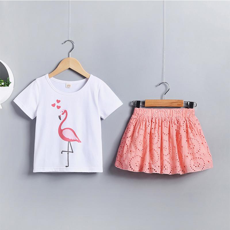 Girl Fashion Flamingo Cartoon Print Top & Short Skirt - PrettyKid