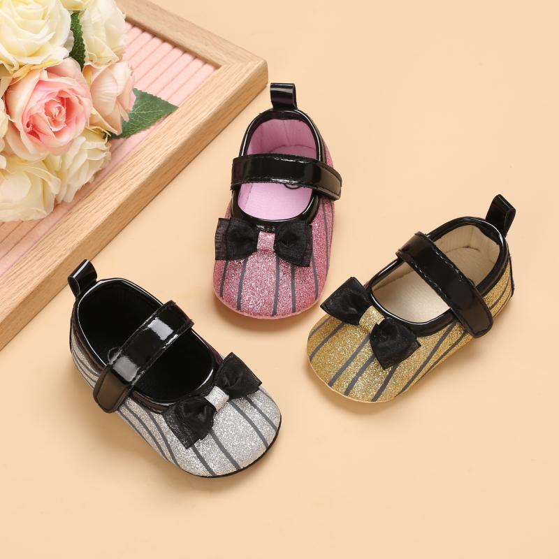 Baby Girl Bowknot Decor Striped Velcro Strap Shoes - PrettyKid