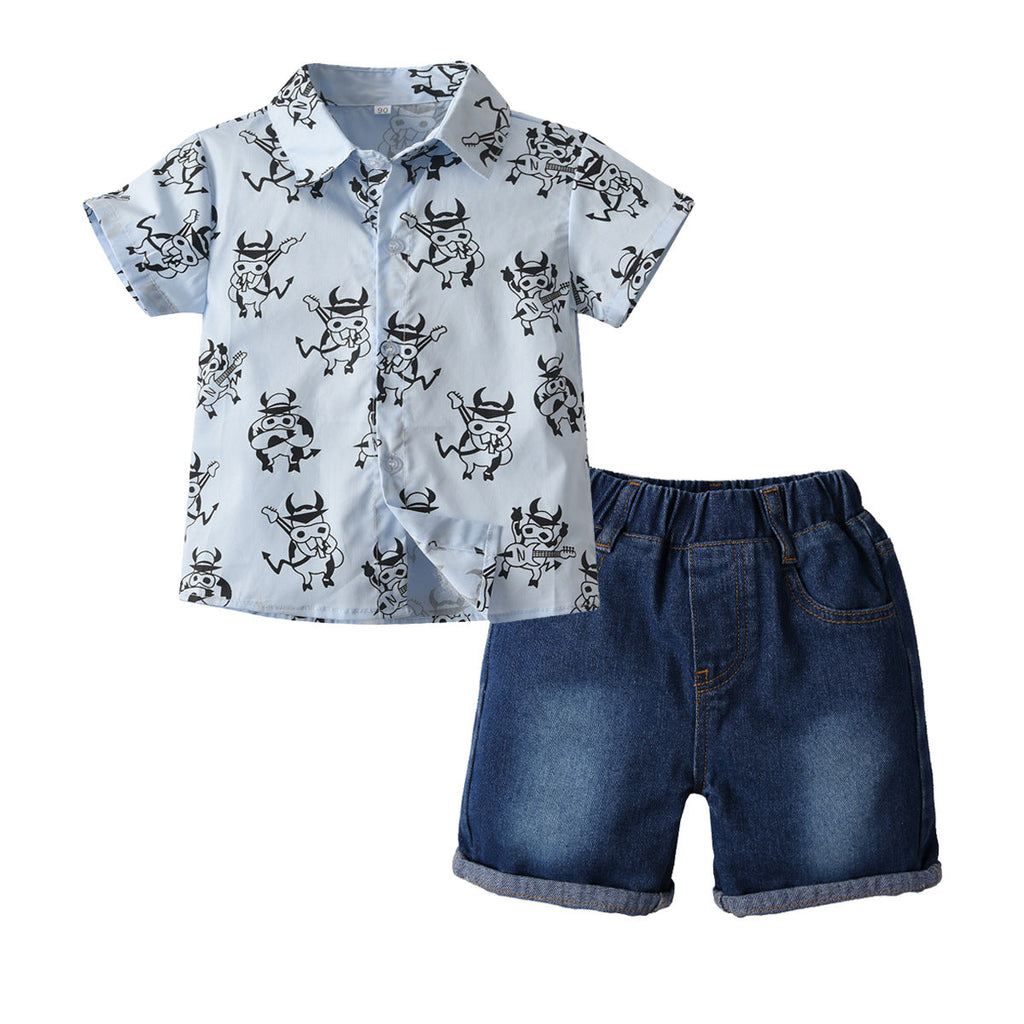 18M-7Y Toddler Boys Cow Shirts & Denim Shorts Boys Wholesale Clothing - PrettyKid
