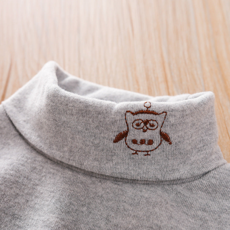 Toddler Kids Boys and Girls Solid Color High Collar Cute Owl Print Bottoming Shirt Children's Long-sleeved T-shirt - PrettyKid