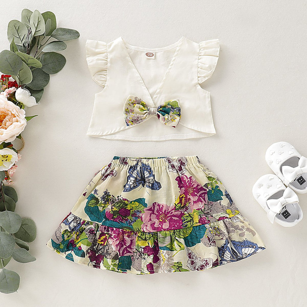 Baby Flying Sleeve V-Neck Bow Top & Flower Allover Skirt - PrettyKid