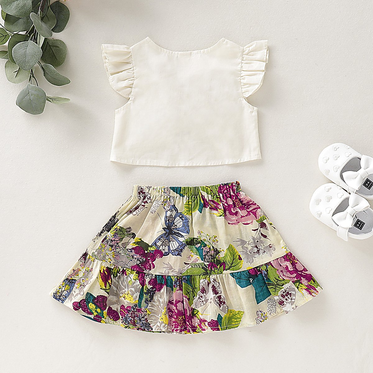 Baby Flying Sleeve V-Neck Bow Top & Flower Allover Skirt - PrettyKid