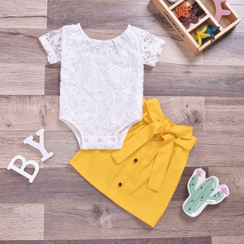 Toddler Girls Lace Short Sleeve Bow Solid Color Skirt - PrettyKid