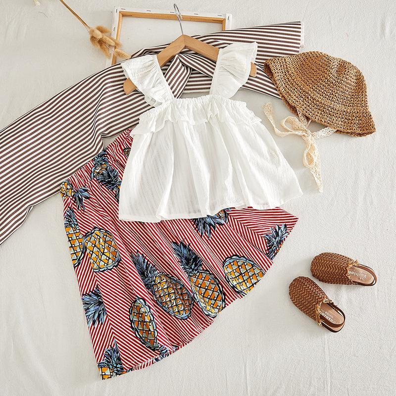 Girls Ruffle Sleeve Suspender Top And Pineapple Striped Print Dress - PrettyKid