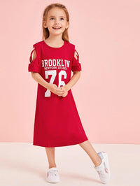 Girls Letter Print Round Neck Princess Dress Off Shoulder Dress - PrettyKid