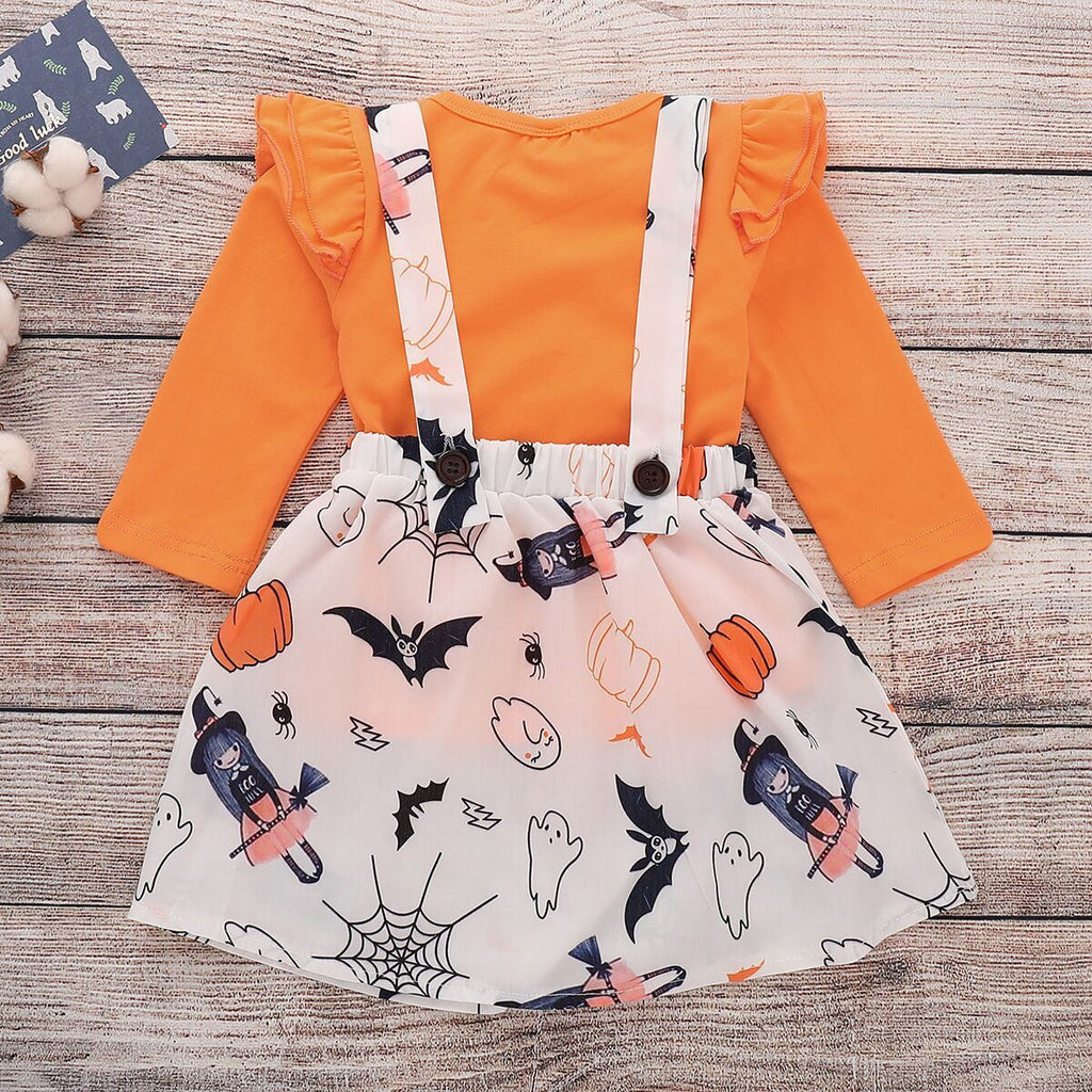 Toddler Girls Cute Top & Cartoon Printed Suspender Skirt - PrettyKid