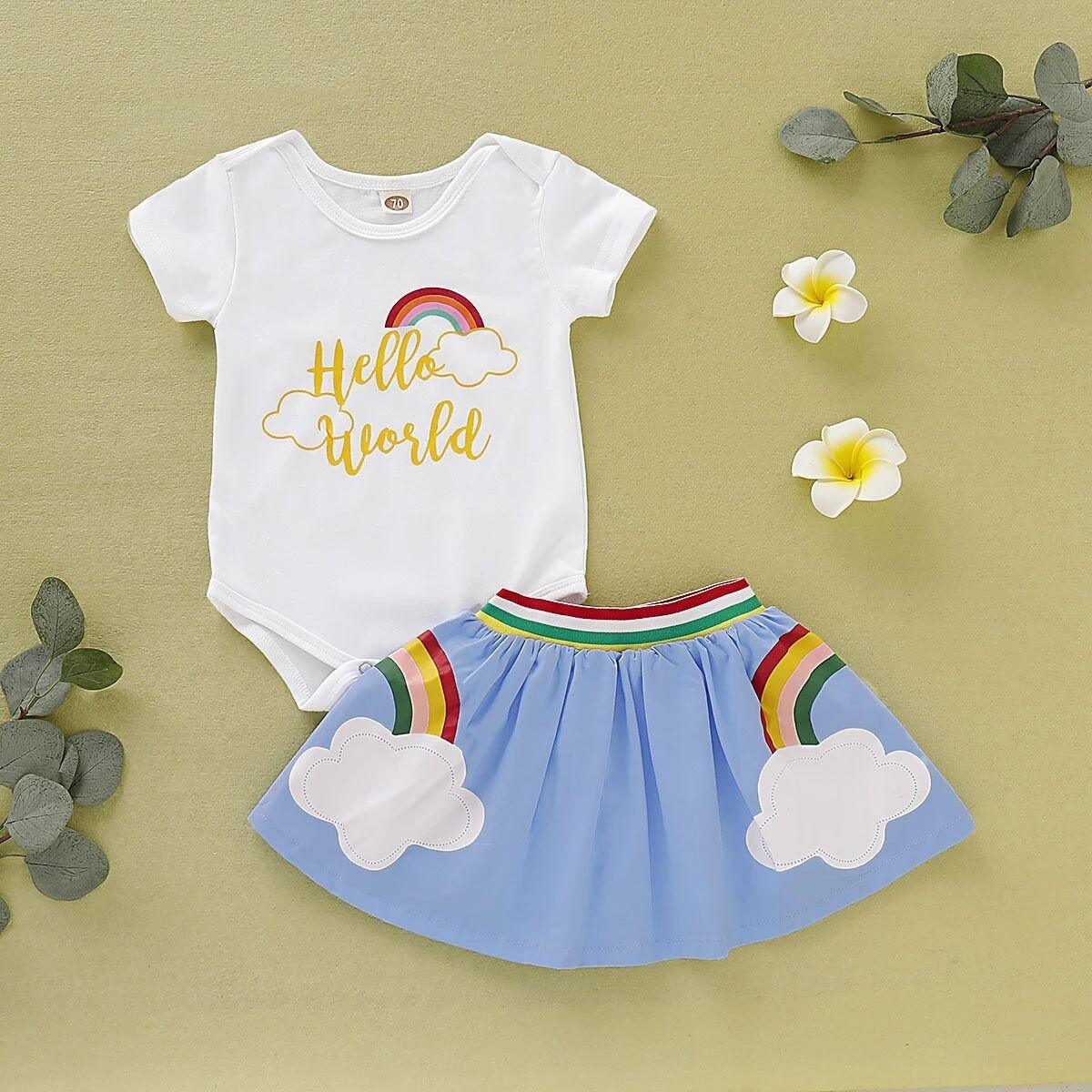 Cute Rainbow Short Sleeve Top & Short Skirt - PrettyKid