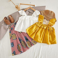 Girls Ruffle Sleeve Suspender Top And Pineapple Striped Print Dress - PrettyKid