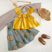 Girls Ruffle Sleeve Suspender Top And Pineapple Striped Print Dress - PrettyKid