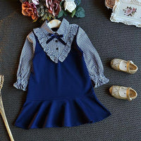 Fashion Fake Two-Piece Plaid Skirt Bowknot Decor Dress - PrettyKid