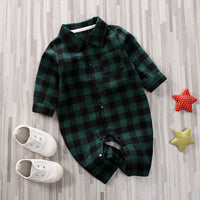 Long Sleeve Baby Plaid Checkered Button-up Pocket Rompers - PrettyKid