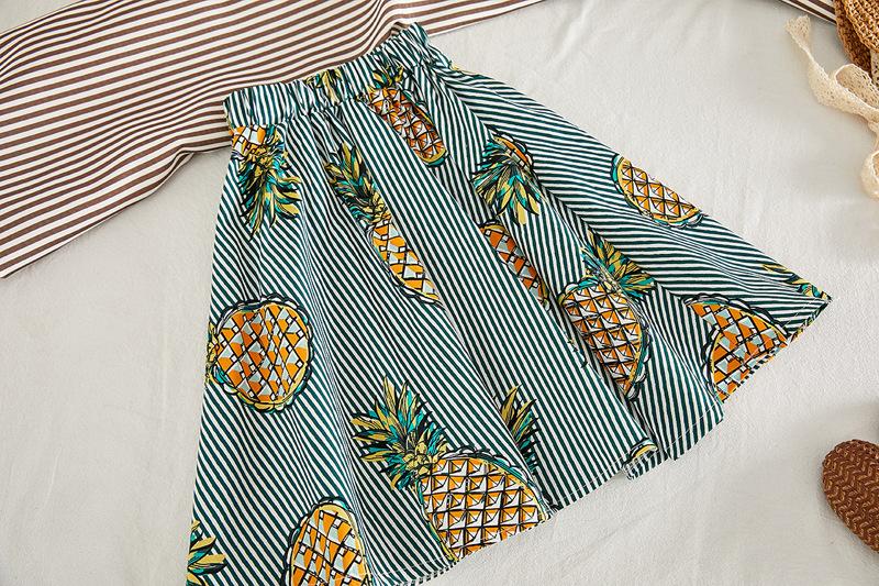Girls Ruffle Sleeve Suspender Top And Pineapple Striped Print Dress - PrettyKid