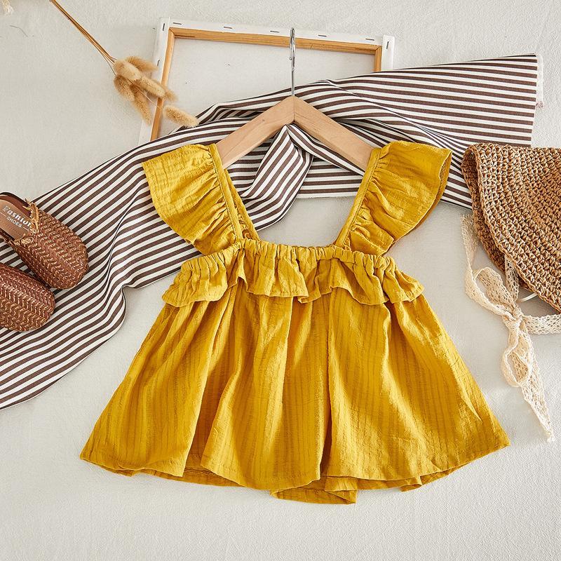 Girls Ruffle Sleeve Suspender Top And Pineapple Striped Print Dress - PrettyKid