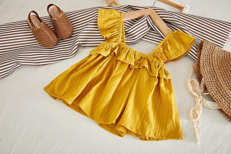 Girls Ruffle Sleeve Suspender Top And Pineapple Striped Print Dress - PrettyKid