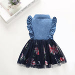Toddler Girls Denim Button Ruffled Top Mesh Print Princess Dress - PrettyKid